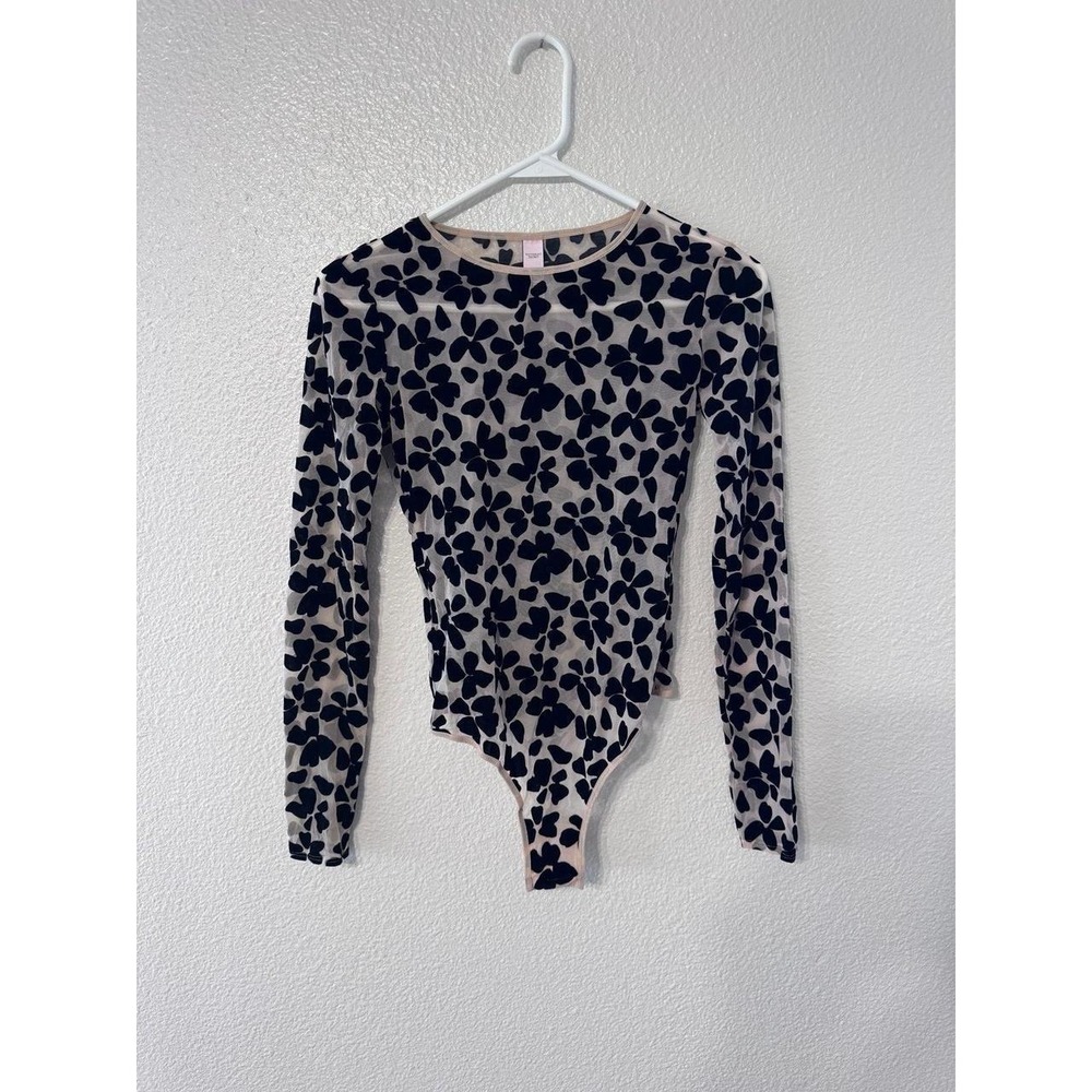 Victoria's Secret Black Beige Floral Mesh Long Sleeve Bodysuit Women's XS